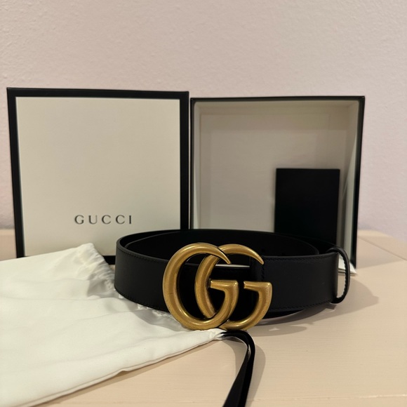 Gucci Women’s 2015 RE-EDITION WIDE LEATHER BELT black and gold Size 80B - Picture 2 of 12